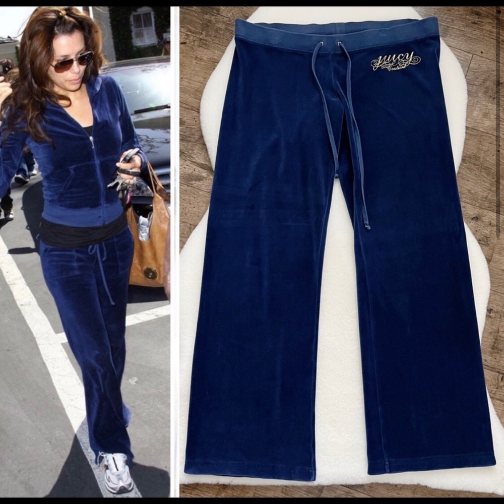 Vintage Juicy Couture Low Rise Velour Wide Leg Track Pants M Blue